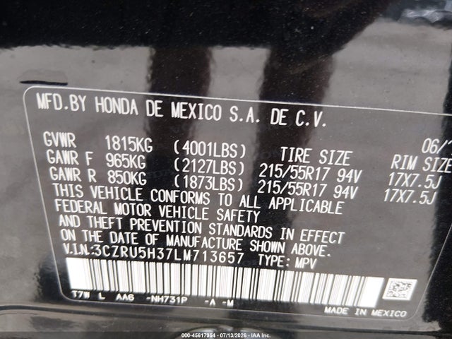 3CZRU5H37LM713657 Honda Hr-v 2wd Lx
