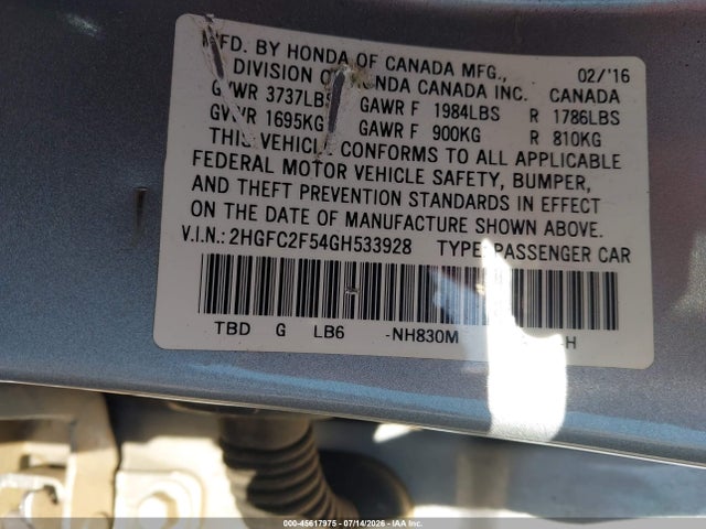 Honda Civic Lx 2016 2HGFC2F54GH533928 Image 9