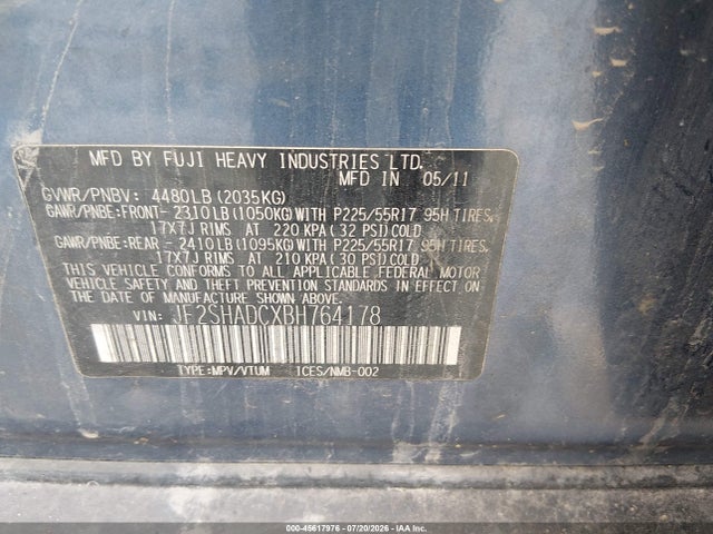 45617976 :رقم المزاد ، JF2SHADCXBH764178 vin ، 2011 Subaru Forester 2.5x Premium مزاد بيع
