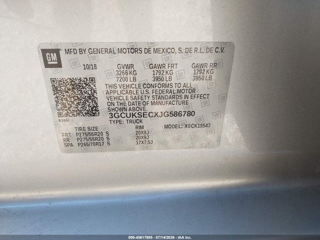 Продаж на аукціоні авто 2018 Chevrolet Silverado 1500 1lz, vin: 3GCUKSECXJG586780, номер лоту: 45617985