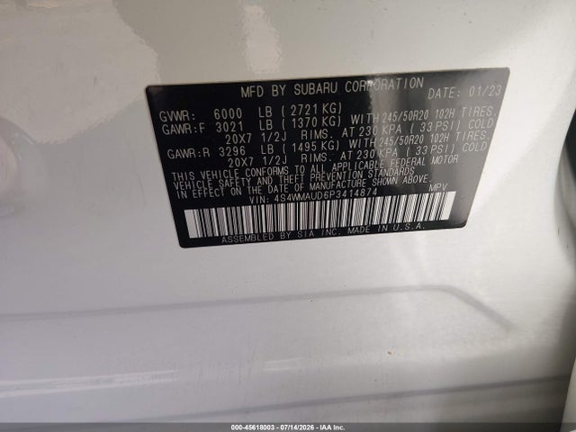 Продаж на аукціоні авто 2023 Subaru Ascent Limited 7-passenger, vin: 4S4WMAUD6P3414874, номер лоту: 45618003
