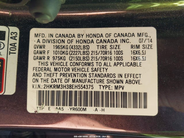 Продаж на аукціоні авто 2014 Honda Cr-v Lx, vin: 2HKRM3H38EH554375, номер лоту: 45618009