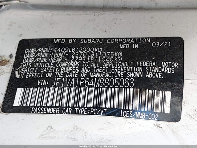 Subaru Wrx Limited 2021 JF1VA1P64M8805063 Image 9