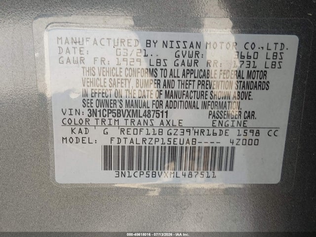 3N1CP5BVXML487511 Nissan Kicks S Xtronic Cvt