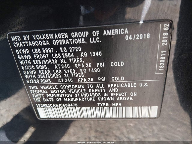 45618020 :رقم المزاد ، 1V2RR2CA9JC569473 vin ، 2018 Volkswagen Atlas 3.6l V6 Sel مزاد بيع