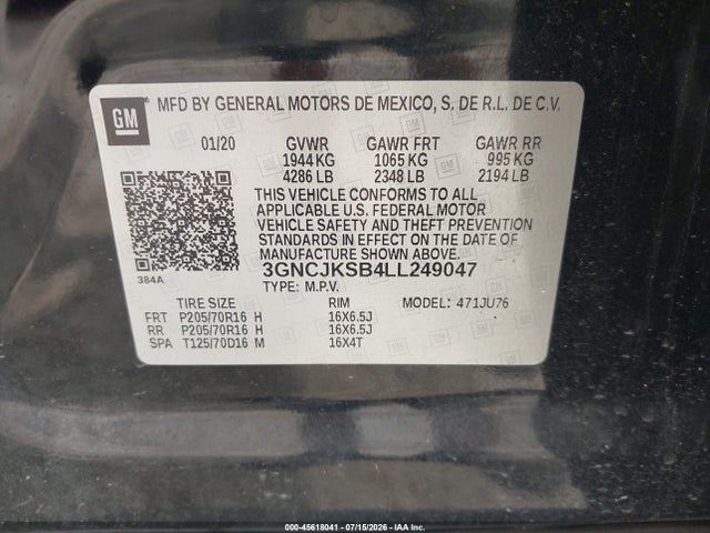 2020 Chevrolet Trax Fwd Ls მანქანა იყიდება აუქციონზე, vin: 3GNCJKSB4LL249047, აუქციონის ნომერი: 45618041