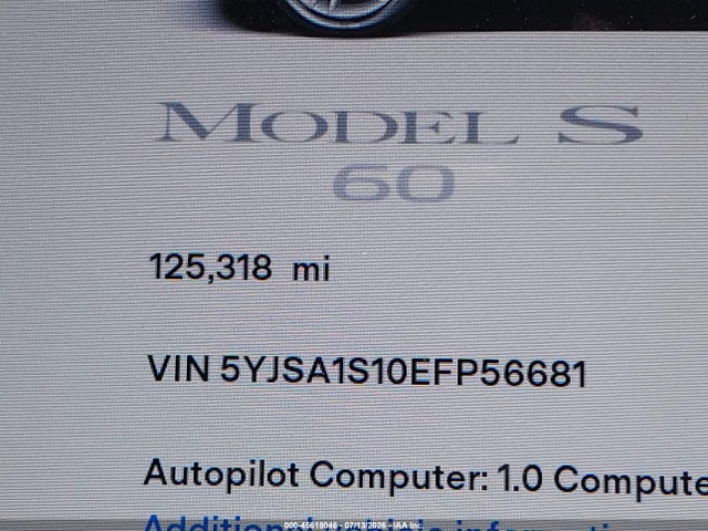 Продаж на аукціоні авто 2014 Tesla Model S, vin: 5YJSA1S10EFP56681, номер лоту: 45618046