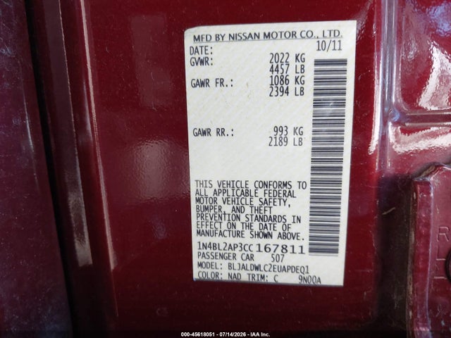 Auction sale of the 2012 Nissan Altima 3.5 Sr, vin: 1N4BL2AP3CC167811, lot number: 45618051