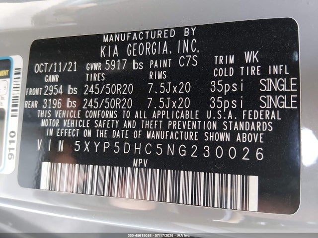 Aukcja sprzedaży 2022 Kia Telluride Sx, vin: 5XYP5DHC5NG230026, numer aukcji: 45618058