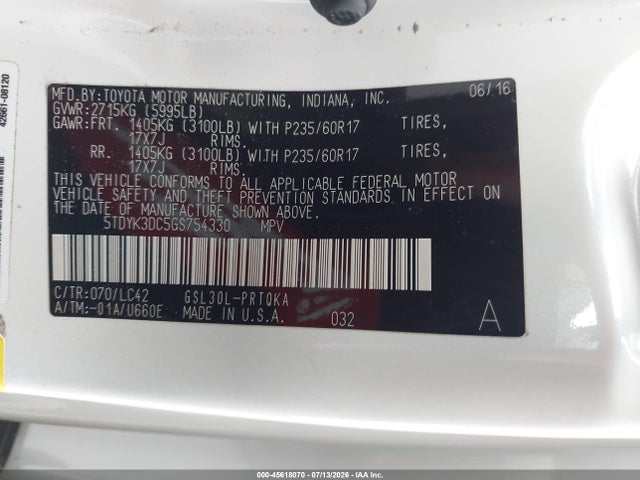 5TDYK3DC5GS754330 Toyota Sienna Xle 8 Passenger