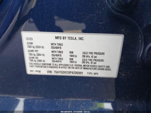 Продаж на аукціоні авто 2023 Tesla Model Y Awd/long Range Dual Motor All-wheel Drive, vin: 7SAYGDEE0PA206991, номер лоту: 45618075