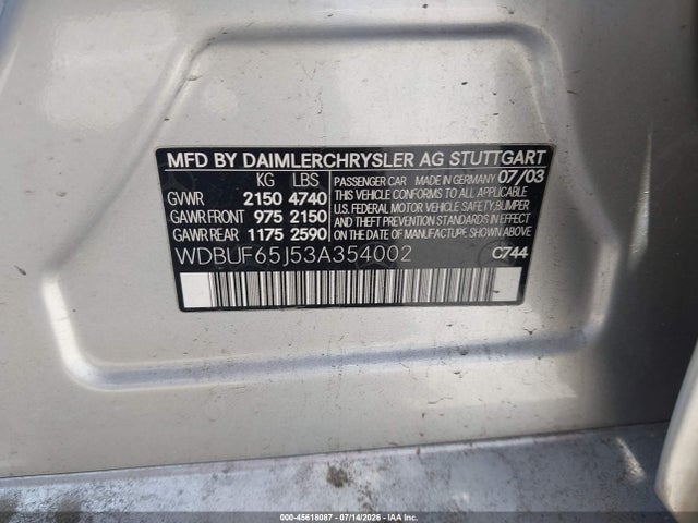 Aukcja sprzedaży 2003 Mercedes-benz E 320, vin: WDBUF65J53A354002, numer aukcji: 45618087