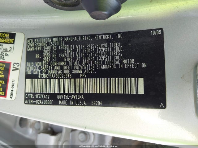 2009 Toyota Venza Base V6 მანქანა იყიდება აუქციონზე, vin: 4T3BK11A79U023946, აუქციონის ნომერი: 45618105