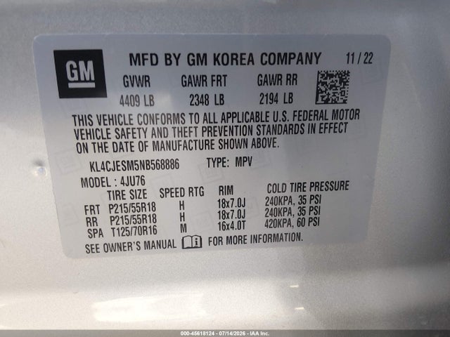 45618124 :رقم المزاد ، KL4CJESM5NB568886 vin ، 2022 Buick Encore Awd Preferred مزاد بيع