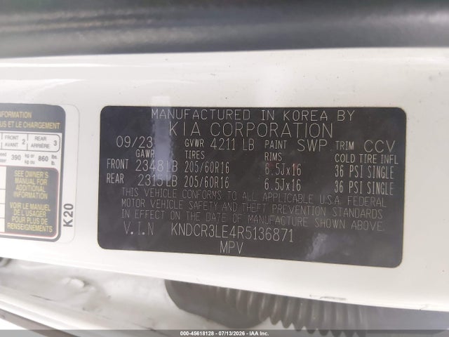 45618128 :رقم المزاد ، KNDCR3LE4R5136871 vin ، 2024 Kia Niro Ex مزاد بيع