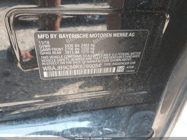 Aukcja sprzedaży 2019 Bmw M550i Xdrive, vin: WBAJB9C59KB289054, numer aukcji: 45618138