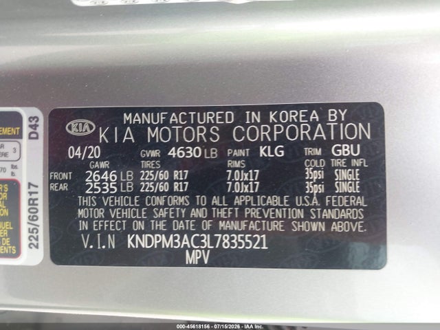 Aukcja sprzedaży 2020 Kia Sportage Lx, vin: KNDPM3AC3L7835521, numer aukcji: 45618156
