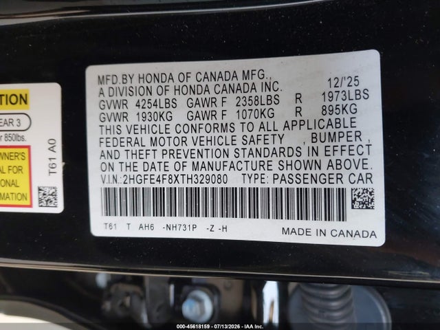 2026 Honda Civic Hybrid Sport/sport Touring მანქანა იყიდება აუქციონზე, vin: 2HGFE4F8XTH329080, აუქციონის ნომერი: 45618159