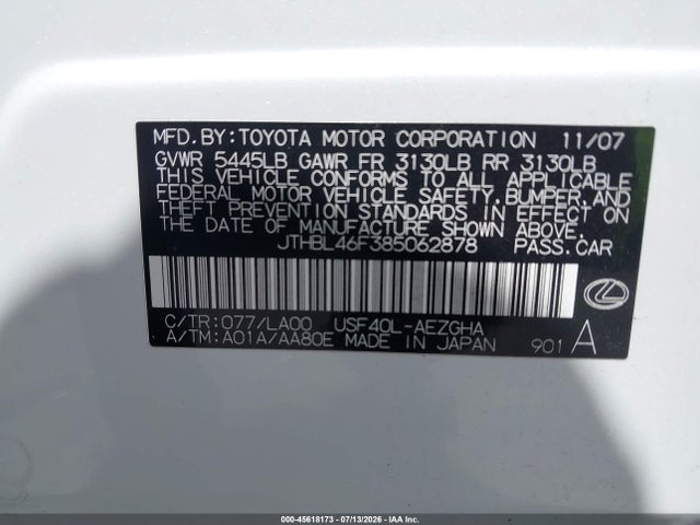 Продаж на аукціоні авто 2008 Lexus Ls 460, vin: JTHBL46F385062878, номер лоту: 45618173