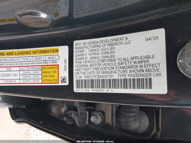 Продаж на аукціоні авто 2025 Honda Accord Lx, vin: 1HGCY1F28SA031161, номер лоту: 45618198