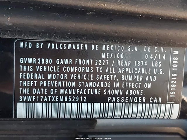 Auction sale of the 2014 Volkswagen Beetle 1.8t Entry, vin: 3VWF17ATXEM652912, lot number: 45618234