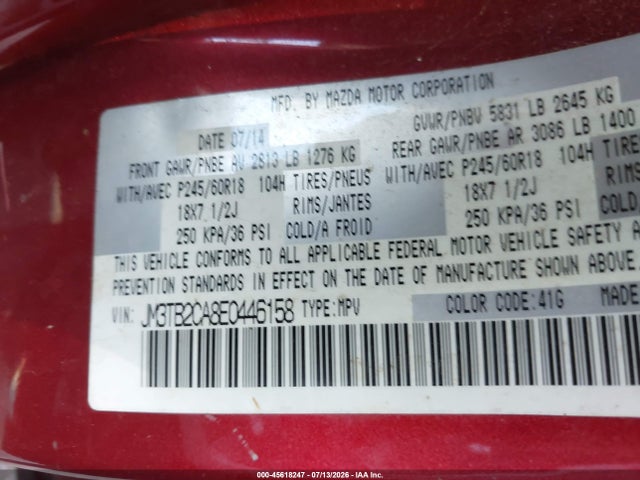 45618247 :رقم المزاد ، JM3TB2CA8E0446158 vin ، 2014 Mazda Cx-9 Touring مزاد بيع