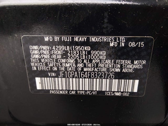 45618249 :رقم المزاد ، JF1GPAT64F8323726 vin ، 2015 Subaru Impreza 2.0i Sport Premium مزاد بيع