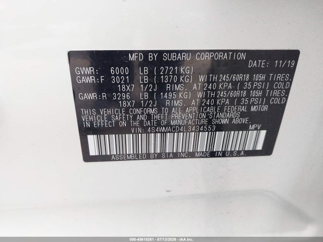 45618261 :رقم المزاد ، 4S4WMACD4L3434553 vin ، 2020 Subaru Ascent Premium مزاد بيع