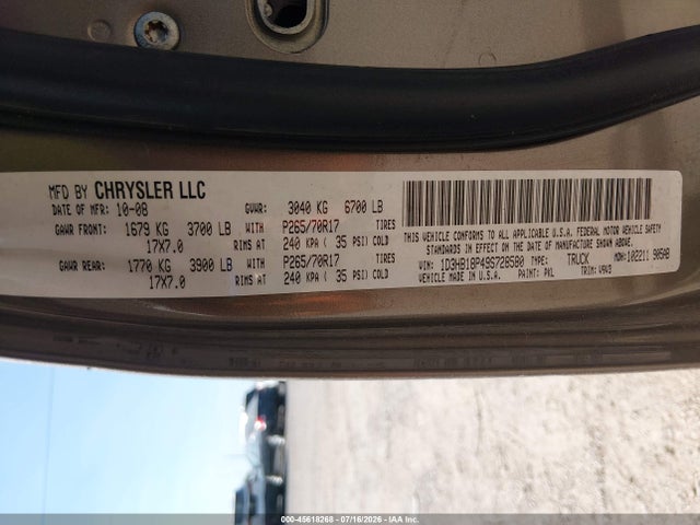 45618268 :رقم المزاد ، 1D3HB18P49S728580 vin ، 2009 Dodge Ram 1500 Slt/sport/trx مزاد بيع