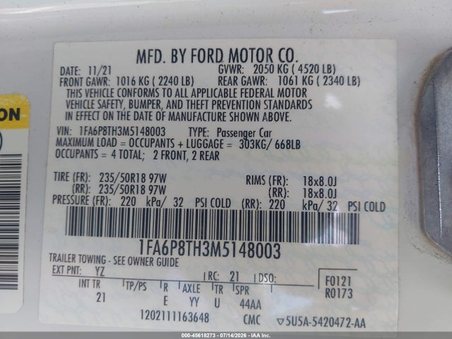 Продажа на аукционе авто 2021 Ford Mustang Ecoboost Fastback, vin: 1FA6P8TH3M5148003, номер лота: 45618273