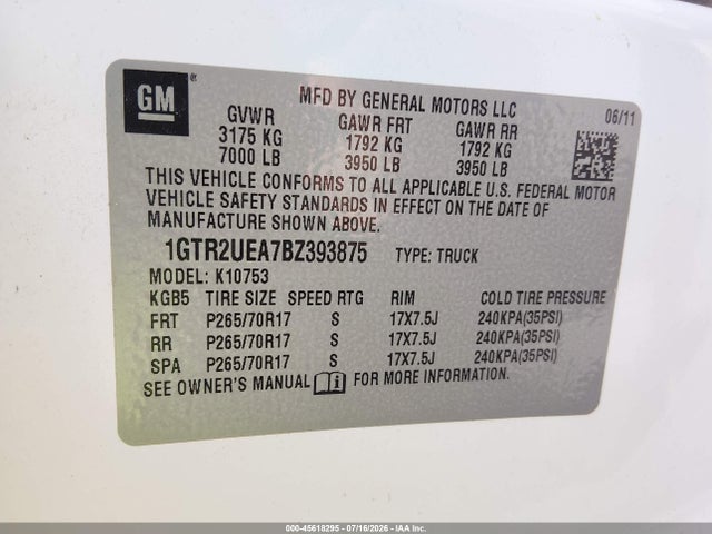 45618295 :رقم المزاد ، 1GTR2UEA7BZ393875 vin ، 2011 Gmc Sierra 1500 Sl مزاد بيع