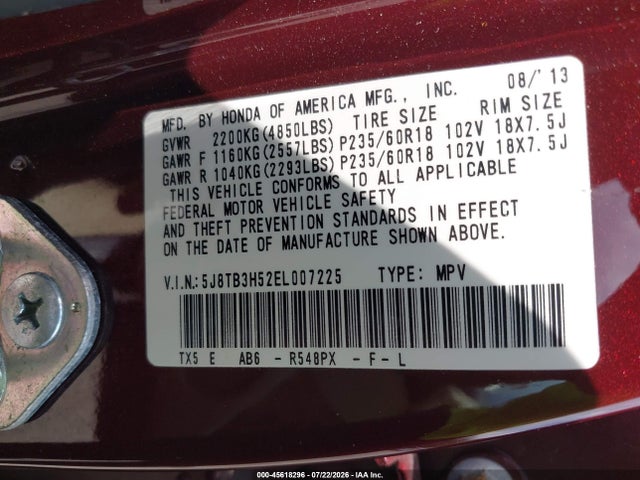 45618296 :رقم المزاد ، 5J8TB3H52EL007225 vin ، 2014 Acura Rdx مزاد بيع