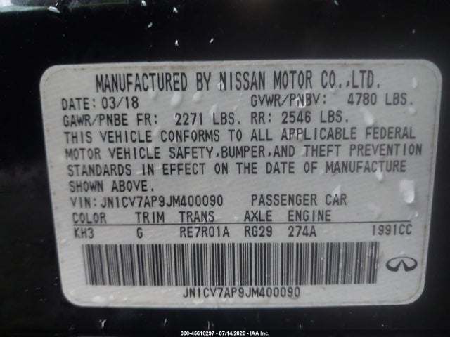 Продаж на аукціоні авто 2018 Infiniti Q50 2.0t Pure, vin: JN1CV7AP9JM400090, номер лоту: 45618297