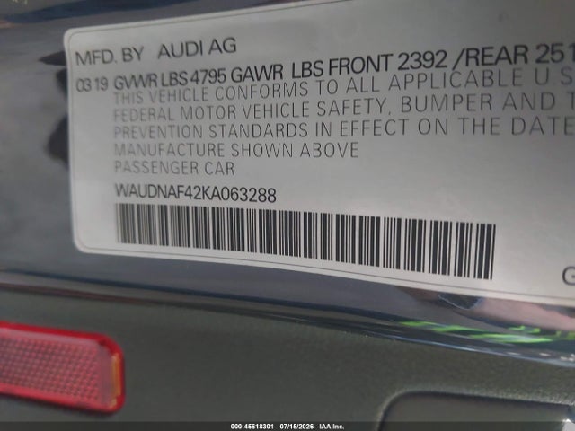 Aukcja sprzedaży 2019 Audi A4 45 Premium, vin: WAUDNAF42KA063288, numer aukcji: 45618301