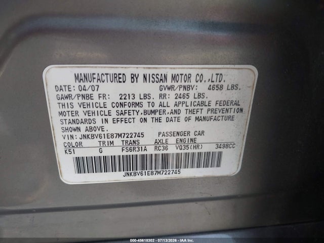 45618302 :رقم المزاد ، JNKBV61E87M722745 vin ، 2007 Infiniti G35 Sport W/6-speed Manual مزاد بيع