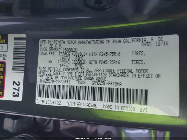 Продажа на аукционе авто 2017 Toyota Tacoma Sr5 V6, vin: 3TMAZ5CN4HM035891, номер лота: 45618309