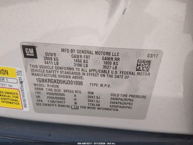 2017 Chevrolet Traverse Lt მანქანა იყიდება აუქციონზე, vin: 1GNKRGKD5HJ301898, აუქციონის ნომერი: 45618317