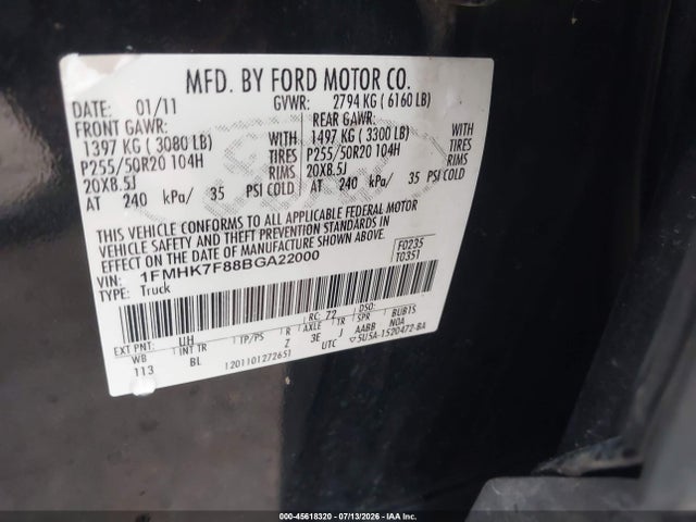 45618320 :رقم المزاد ، 1FMHK7F88BGA22000 vin ، 2011 Ford Explorer Limited مزاد بيع