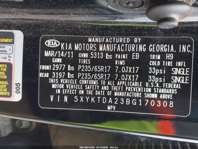 45618326 :رقم المزاد ، 5XYKTDA23BG170308 vin ، 2011 Kia Sorento Lx V6 مزاد بيع