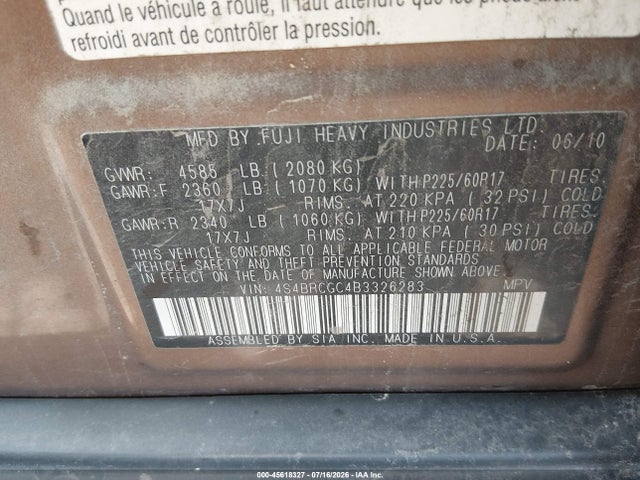 2011 Subaru Outback 2.5i Premium მანქანა იყიდება აუქციონზე, vin: 4S4BRCGC4B3326283, აუქციონის ნომერი: 45618327