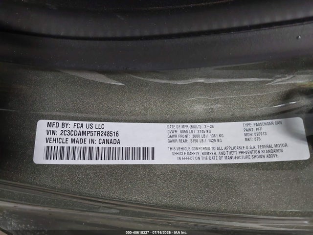 45618337 :رقم المزاد ، 2C3CDAMP5TR248516 vin ، 2026 Dodge Charger Scat Pack Plus 2-door Awd مزاد بيع
