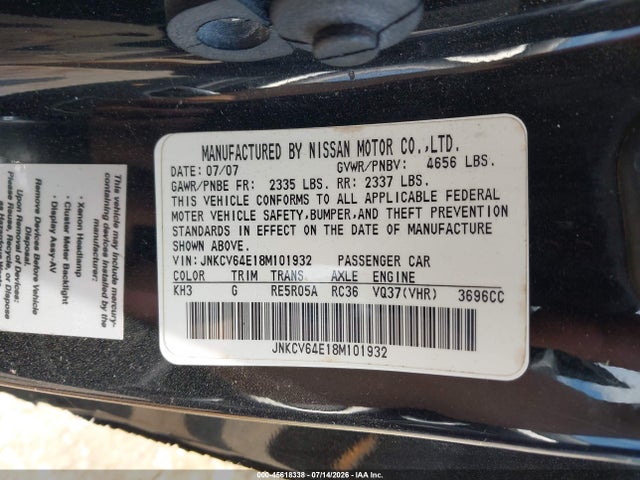 45618338 :رقم المزاد ، JNKCV64E18M101932 vin ، 2008 Infiniti G37 Journey مزاد بيع