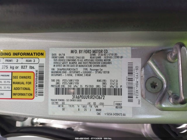 Ford Fusion Hybrid S 2018 3FA6P0UU9JR243672 Image 9