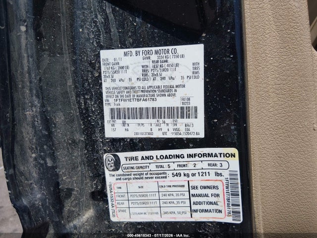45618343 :رقم المزاد ، 1FTFW1ET7BFA61783 vin ، 2011 Ford F-150 Lariat مزاد بيع