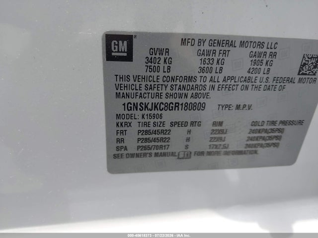 45618373 :رقم المزاد ، 1GNSKJKC8GR180809 vin ، 2016 Chevrolet Suburban Ltz مزاد بيع