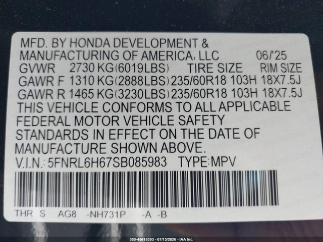 Honda Odyssey Ex-l 2025 5FNRL6H67SB085983 Image 9