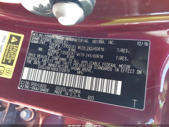 Aukcja sprzedaży 2017 Toyota Highlander Xle, vin: 5TDJZRFH9HS370819, numer aukcji: 45618395