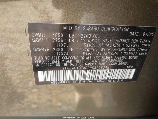 2025 Subaru Outback Premium მანქანა იყიდება აუქციონზე, vin: 4S4BTADC9S3206246, აუქციონის ნომერი: 45618398