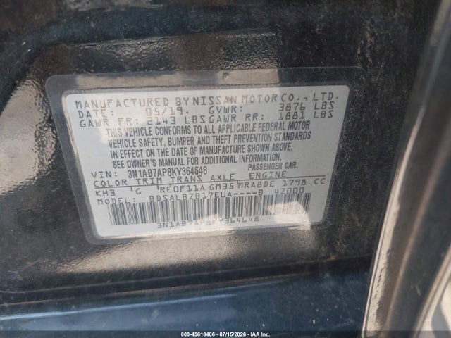 2019 Nissan Sentra S მანქანა იყიდება აუქციონზე, vin: 3N1AB7AP8KY364648, აუქციონის ნომერი: 45618406