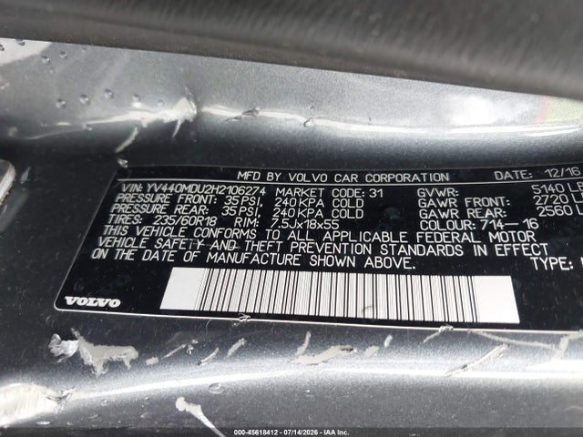 Aukcja sprzedaży 2017 Volvo Xc60 T5 Inscription, vin: YV440MDU2H2106274, numer aukcji: 45618412
